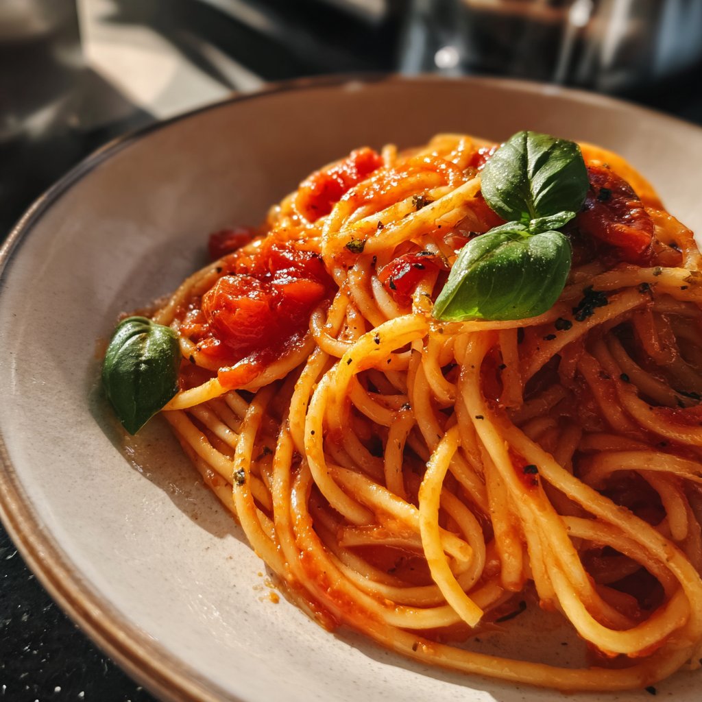 Spaghetti mit Tomaten und Basilikum