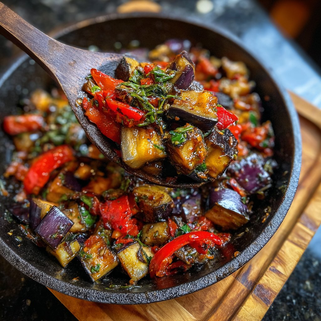 Auberginenpfanne würzig abgeschmeckt